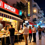 **

Prompt: A vibrant Tel Aviv street scene at night, bustling with people. Focus on a modern fusion restaurant, showcasing Israeli dishes with a North American twist (e.g., a burger with hummus). Include signage in both Hebrew and English. The overall atmosphere is energetic and innovative, capturing the blend of cultures. Bokeh lights in the background.

**