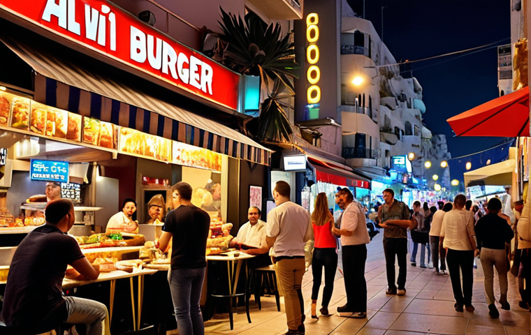 **

Prompt: A vibrant Tel Aviv street scene at night, bustling with people. Focus on a modern fusion restaurant, showcasing Israeli dishes with a North American twist (e.g., a burger with hummus). Include signage in both Hebrew and English. The overall atmosphere is energetic and innovative, capturing the blend of cultures. Bokeh lights in the background.

**