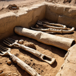 **

Prompt:  An ancient archaeological dig site in Israel, revealing fossilized hominid bones. Carbon dating equipment and brushes are visible. Giant extinct animal skeletons like saber-toothed tigers are partially unearthed nearby. The scene is dusty and sun-baked, with a sense of historical significance. Style: Photorealistic, National Geographic documentary style.

**