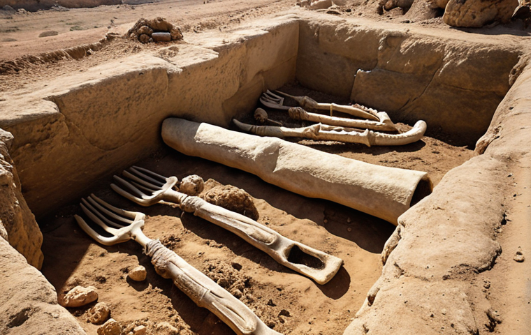 **

Prompt:  An ancient archaeological dig site in Israel, revealing fossilized hominid bones. Carbon dating equipment and brushes are visible. Giant extinct animal skeletons like saber-toothed tigers are partially unearthed nearby. The scene is dusty and sun-baked, with a sense of historical significance. Style: Photorealistic, National Geographic documentary style.

**