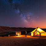 A professional male figure, fully clothed in appropriate, modest attire, stands at an eco-friendly glamping site in the vast Negev Desert at twilight. The sky above transitions from the deep orange-red hues of sunset to a clear, star-filled night. The Milky Way is clearly visible, stretching across the dark, pure sky. The glamping tent is subtly illuminated, blending harmoniously with the rugged, Martian-like landscape of Ramon Crater. The scene captures a profound sense of tranquility and connection to the cosmos. Perfect anatomy, correct proportions, natural pose, well-formed hands, proper finger count, natural body proportions. Safe for work, appropriate content, fully clothed, family-friendly.