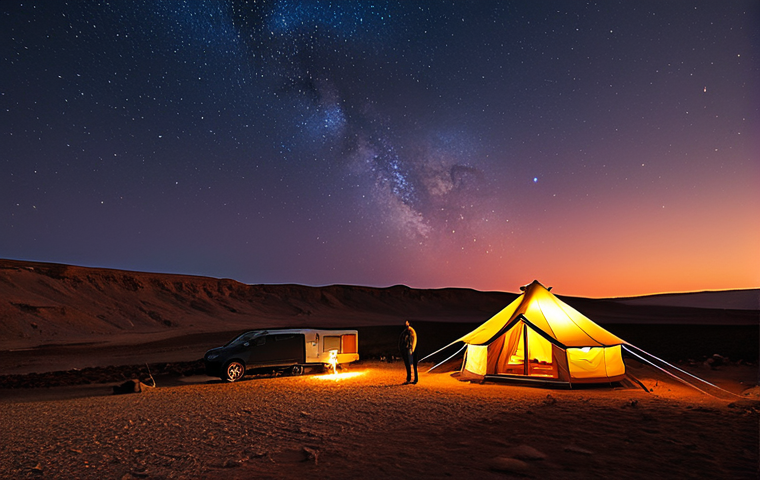A professional male figure, fully clothed in appropriate, modest attire, stands at an eco-friendly glamping site in the vast Negev Desert at twilight. The sky above transitions from the deep orange-red hues of sunset to a clear, star-filled night. The Milky Way is clearly visible, stretching across the dark, pure sky. The glamping tent is subtly illuminated, blending harmoniously with the rugged, Martian-like landscape of Ramon Crater. The scene captures a profound sense of tranquility and connection to the cosmos. Perfect anatomy, correct proportions, natural pose, well-formed hands, proper finger count, natural body proportions. Safe for work, appropriate content, fully clothed, family-friendly.