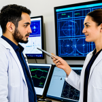 A team of two diverse professional Israeli aerospace engineers, one man and one woman, in modest professional attire, collaborating in a cutting-edge aerospace research laboratory. They are wearing professional lab coats over smart casual business clothing. The lab features large display screens showing complex avionics schematics and real-time drone telemetry data, with a sleek, minimalist design. Advanced testing equipment and prototype components are visible on workbenches in the background, hinting at both military-derived and civilian applications. The lighting is bright and technical. Professional photography, high detail, sharp focus, natural pose, perfect anatomy, correct proportions, well-formed hands, proper finger count, natural body proportions, safe for work, appropriate content, fully clothed, appropriate attire, professional, modest, family-friendly.