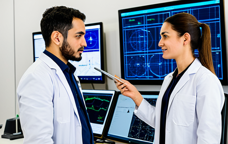 A team of two diverse professional Israeli aerospace engineers, one man and one woman, in modest professional attire, collaborating in a cutting-edge aerospace research laboratory. They are wearing professional lab coats over smart casual business clothing. The lab features large display screens showing complex avionics schematics and real-time drone telemetry data, with a sleek, minimalist design. Advanced testing equipment and prototype components are visible on workbenches in the background, hinting at both military-derived and civilian applications. The lighting is bright and technical. Professional photography, high detail, sharp focus, natural pose, perfect anatomy, correct proportions, well-formed hands, proper finger count, natural body proportions, safe for work, appropriate content, fully clothed, appropriate attire, professional, modest, family-friendly.