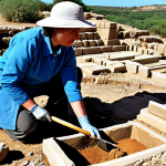 A professional team of archaeologists, diverse in age and gender, wearing modest and appropriate field attire, meticulously excavating an ancient ruin site in a sunny, dry landscape. They are using small brushes and trowels to carefully uncover artifacts from dusty soil, showing focused expressions. The scene conveys a sense of scientific rigor and reverence for history. The background features ancient stone structures under a clear sky. perfect anatomy, correct proportions, natural pose, well-formed hands, proper finger count, natural body proportions, professional photography, high quality, safe for work, appropriate content, fully clothed, family-friendly.