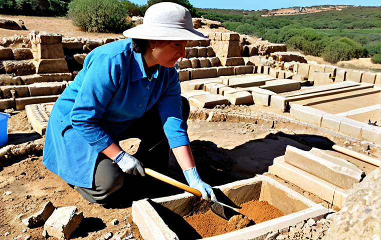 A professional team of archaeologists, diverse in age and gender, wearing modest and appropriate field attire, meticulously excavating an ancient ruin site in a sunny, dry landscape. They are using small brushes and trowels to carefully uncover artifacts from dusty soil, showing focused expressions. The scene conveys a sense of scientific rigor and reverence for history. The background features ancient stone structures under a clear sky. perfect anatomy, correct proportions, natural pose, well-formed hands, proper finger count, natural body proportions, professional photography, high quality, safe for work, appropriate content, fully clothed, family-friendly.
