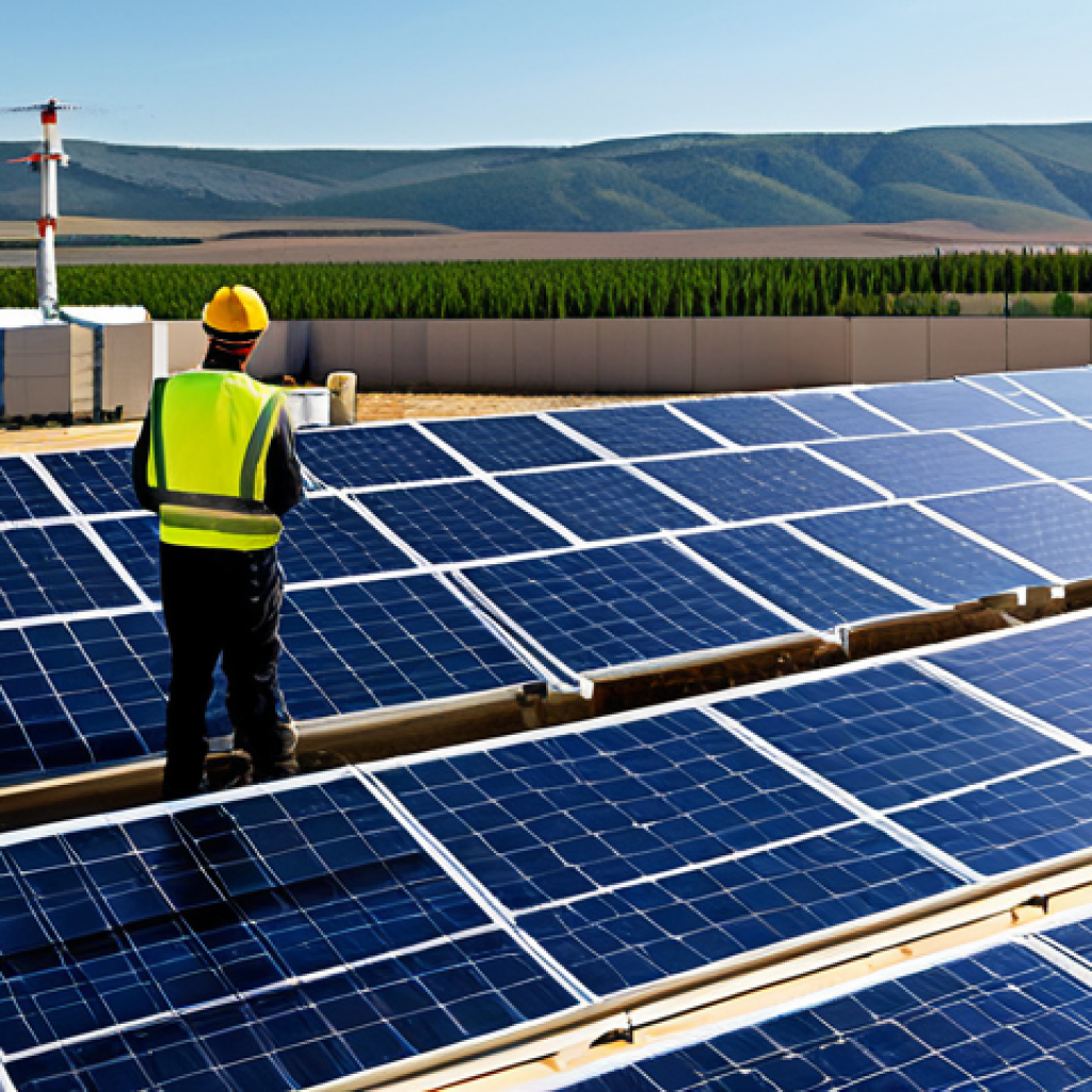 Solar Energy Innovation**

"A modern cityscape with solar panels integrated into building designs, reflecting sunlight. In the foreground, engineers in appropriate attire monitor a concentrated solar power (CSP) plant. Safe for work, appropriate content, fully clothed, professional, perfect anatomy, natural proportions, high quality, energy efficiency, sustainable technology."

**