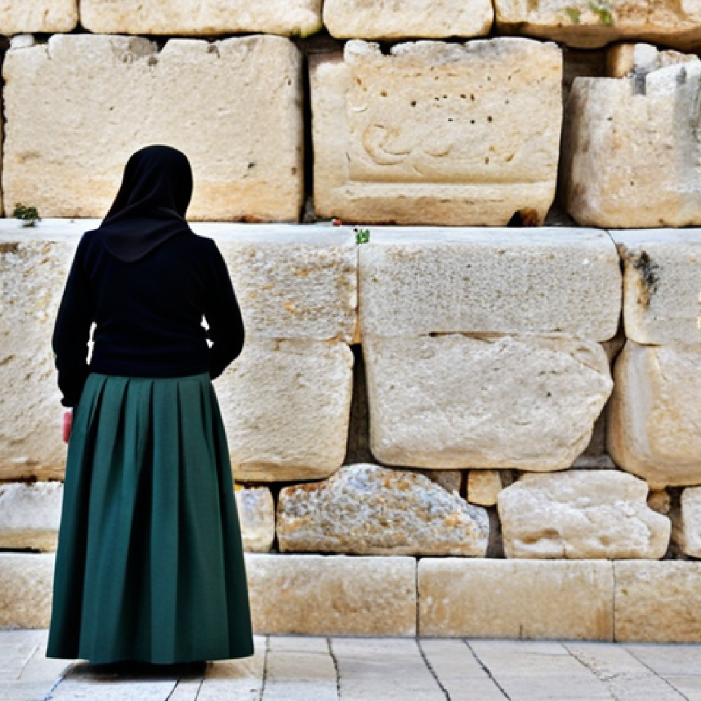 **Image:** A tourist wearing modest clothing (long skirt, sleeved shirt) respectfully observing the Western Wall in Jerusalem. People are praying in the background. The scene is during the day. **Prompt:** "Tourist at Western Wall, Jerusalem, fully clothed, modest attire, respectful, daytime, safe for work, appropriate content, perfect anatomy, natural proportions, professional photography."