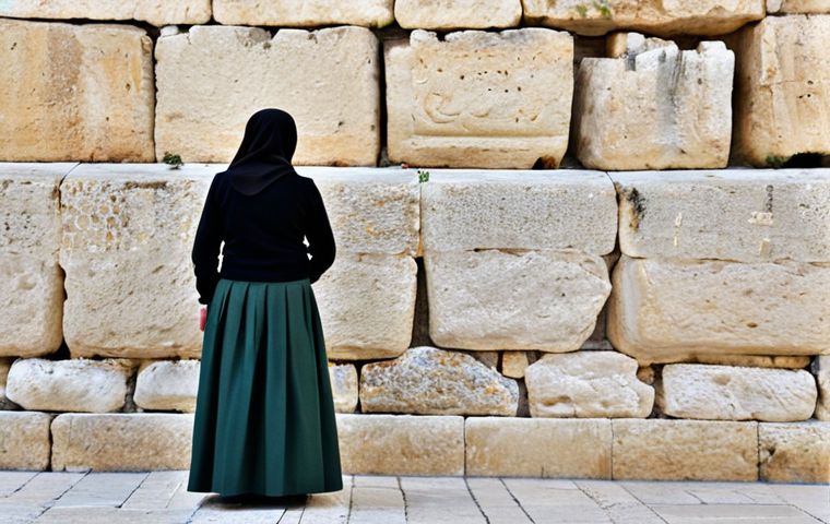 **Image:** A tourist wearing modest clothing (long skirt, sleeved shirt) respectfully observing the Western Wall in Jerusalem. People are praying in the background. The scene is during the day. **Prompt:** "Tourist at Western Wall, Jerusalem, fully clothed, modest attire, respectful, daytime, safe for work, appropriate content, perfect anatomy, natural proportions, professional photography."