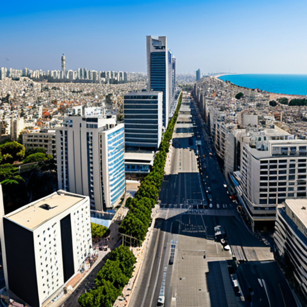 "A panoramic view of the modern city of Tel Aviv, bustling with diverse people, modern architecture blending with historical elements, fully clothed, appropriate attire, safe for work, perfect anatomy, natural proportions, professional photography, high quality, family-friendly."