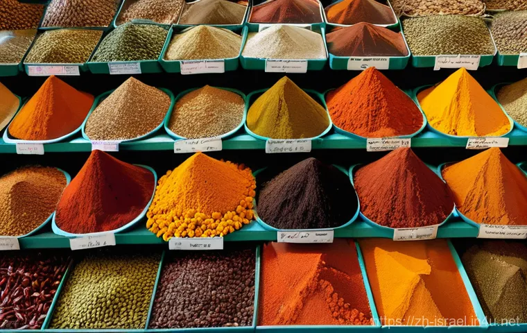 이스라엘의 스파이스 시장 - **A close-up, high-resolution shot of an Israeli spice market stall, specifically emphasizing the in...
