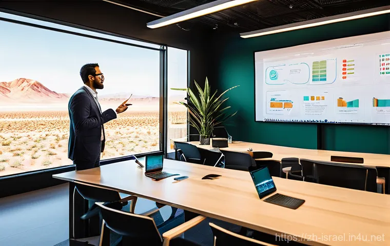 이스라엘의 사회적 문화적 특징 - **Prompt: Innovation in the Desert Oasis**
    "A vibrant, modern co-working space bathed in warm, n...