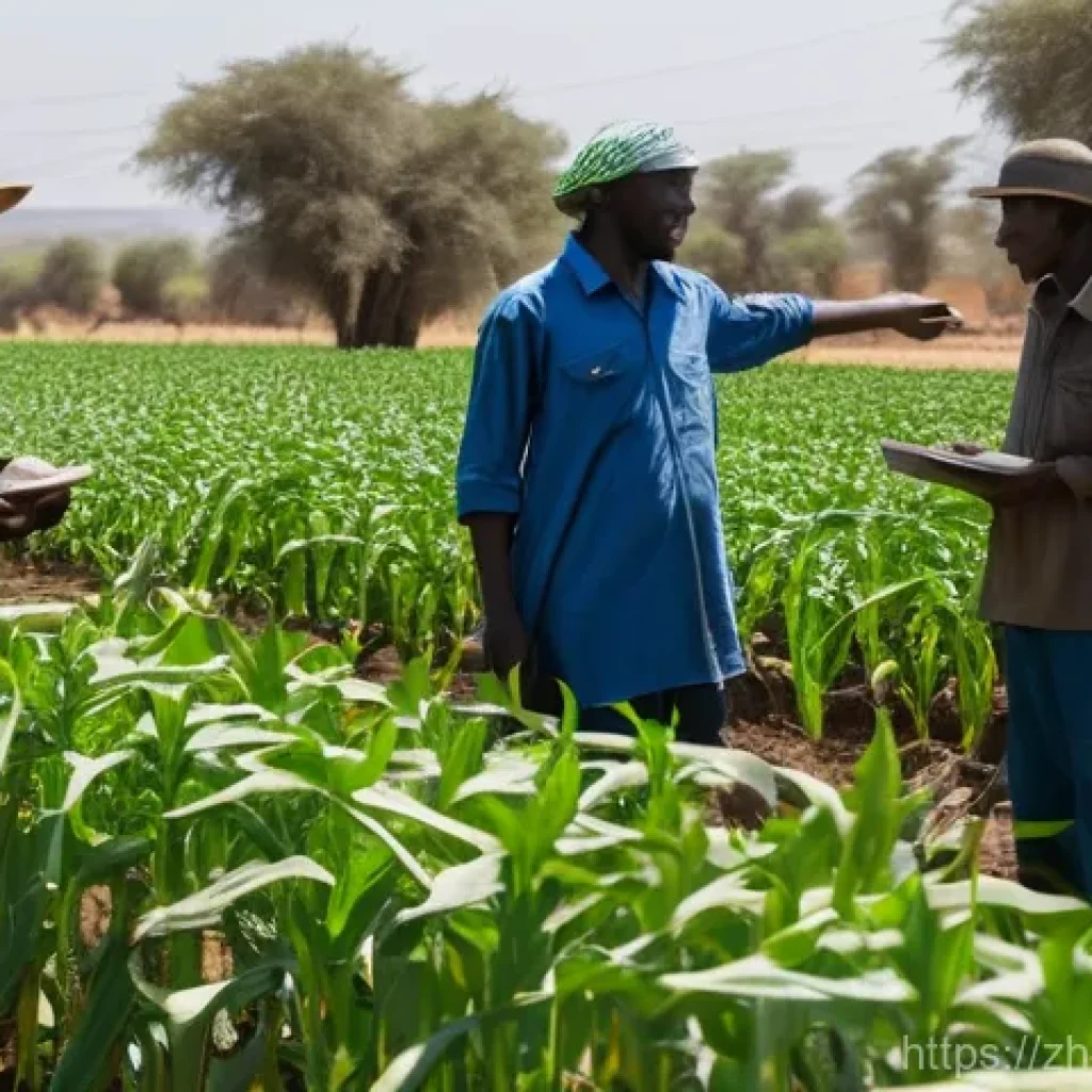이스라엘과 아프리카 국가와의 외교 - A vibrant outdoor scene depicting an Israeli agricultural expert demonstrating advanced drip irrigat...