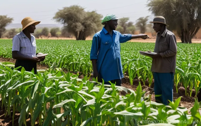 이스라엘과 아프리카 국가와의 외교 - A vibrant outdoor scene depicting an Israeli agricultural expert demonstrating advanced drip irrigat...