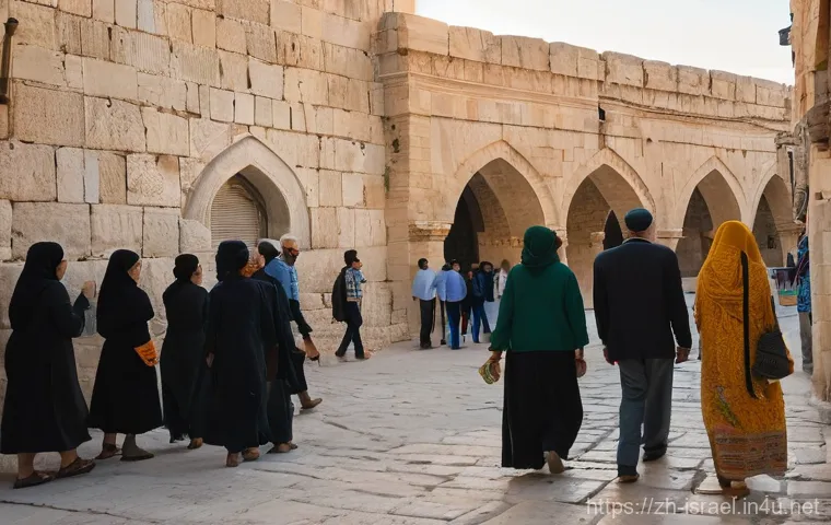 이스라엘의 대표 종교  유대교 이슬람교 기독교 - **Prompt:** "An atmospheric, wide-angle shot of the bustling Jerusalem Old City at sunset. The ancie...