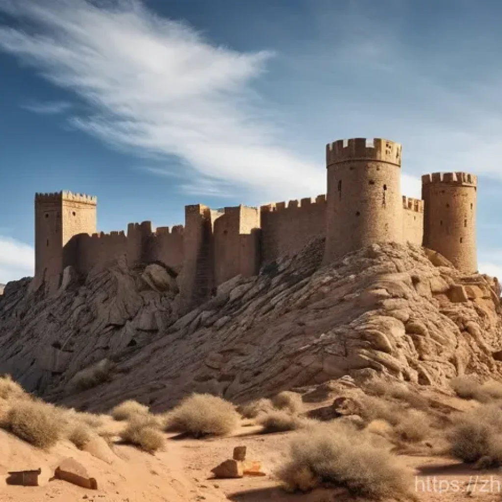 이스라엘의 건축 역사 - **Prompt:** A majestic, ancient stone fortress stands resiliently on a rugged mountain peak in a vas...