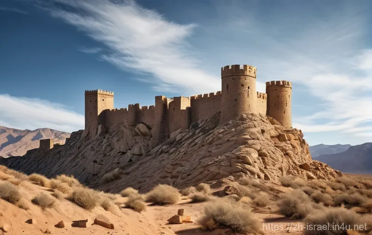 이스라엘의 건축 역사 - **Prompt:** A majestic, ancient stone fortress stands resiliently on a rugged mountain peak in a vas...