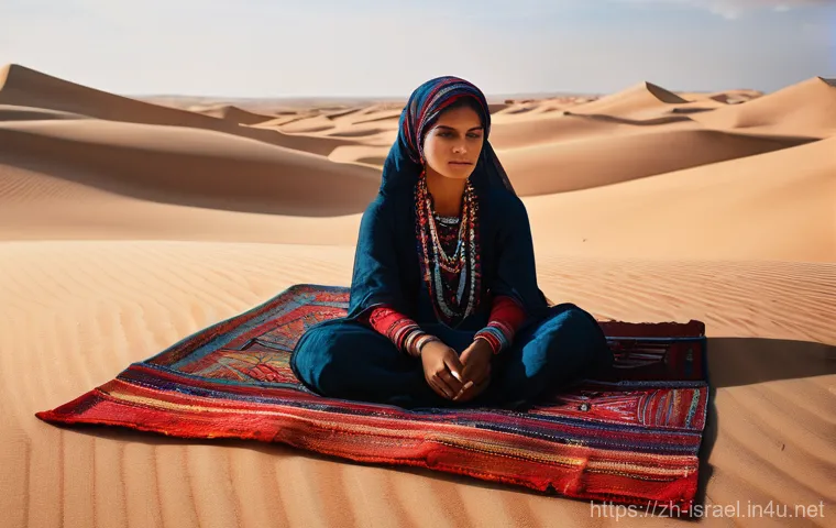 이스라엘의 전통 직물 공예 - **Prompt 1: Bedouin Weaving in the Desert**
    "A serene portrait of a young Bedouin woman, modestl...
