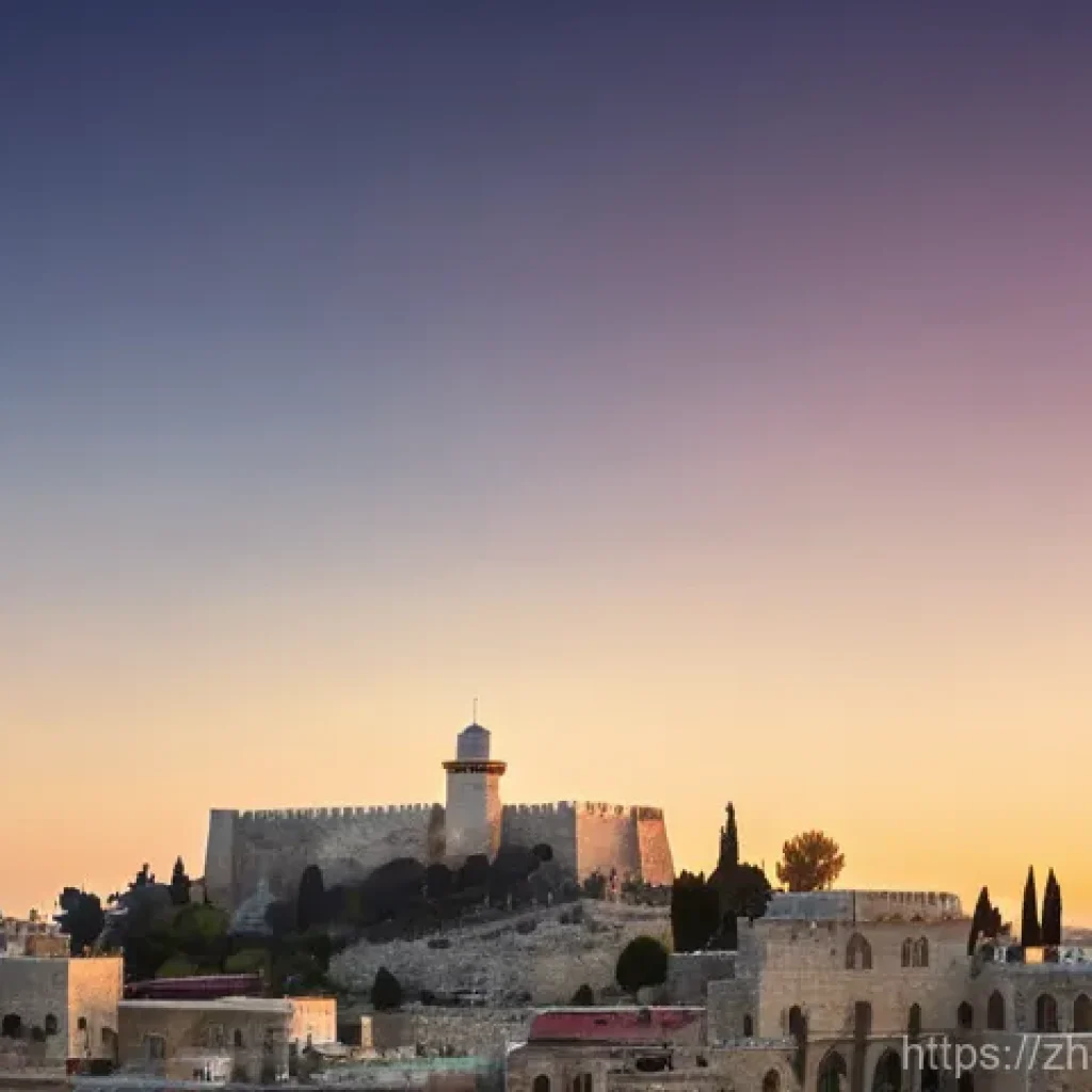 이스라엘의 명소  다윗의 탑 - **Prompt:** A majestic, wide-angle shot of the Tower of David Citadel in Jerusalem, showcasing its l...