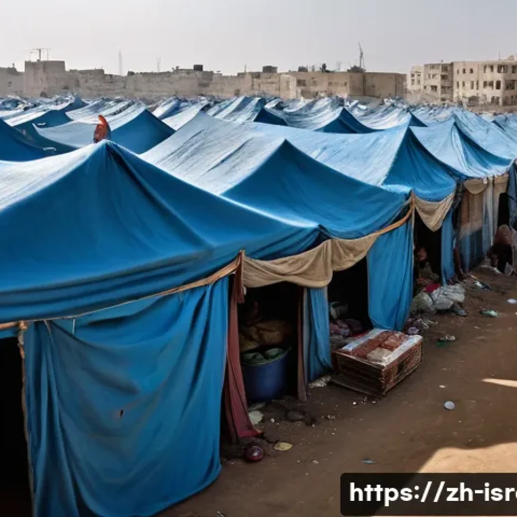 이스라엘에서 중요한 정치적 논의 - **Prompt:** A hyperrealistic image of a crowded refugee camp in Gaza. Tents made of tattered blue ta...