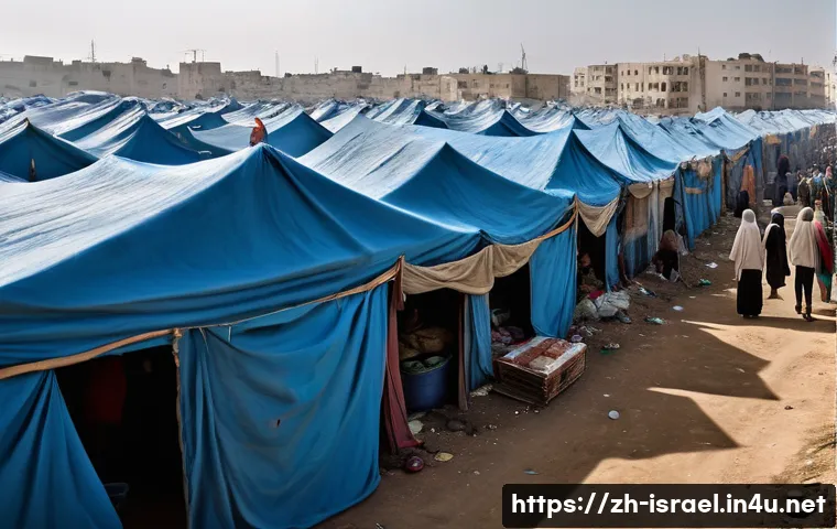 이스라엘에서 중요한 정치적 논의 - **Prompt:** A hyperrealistic image of a crowded refugee camp in Gaza. Tents made of tattered blue ta...