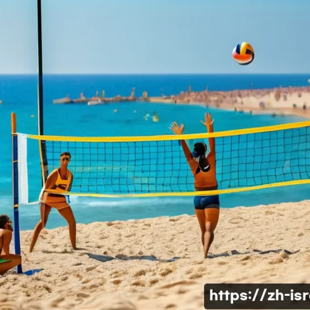이스라엘의 관광업과 경제적 기여 - **Prompt:** "A sunny day at Tel Aviv beach. A group of diverse young adults are playing beach volley...