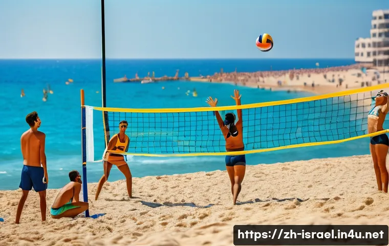 이스라엘의 관광업과 경제적 기여 - **Prompt:** "A sunny day at Tel Aviv beach. A group of diverse young adults are playing beach volley...