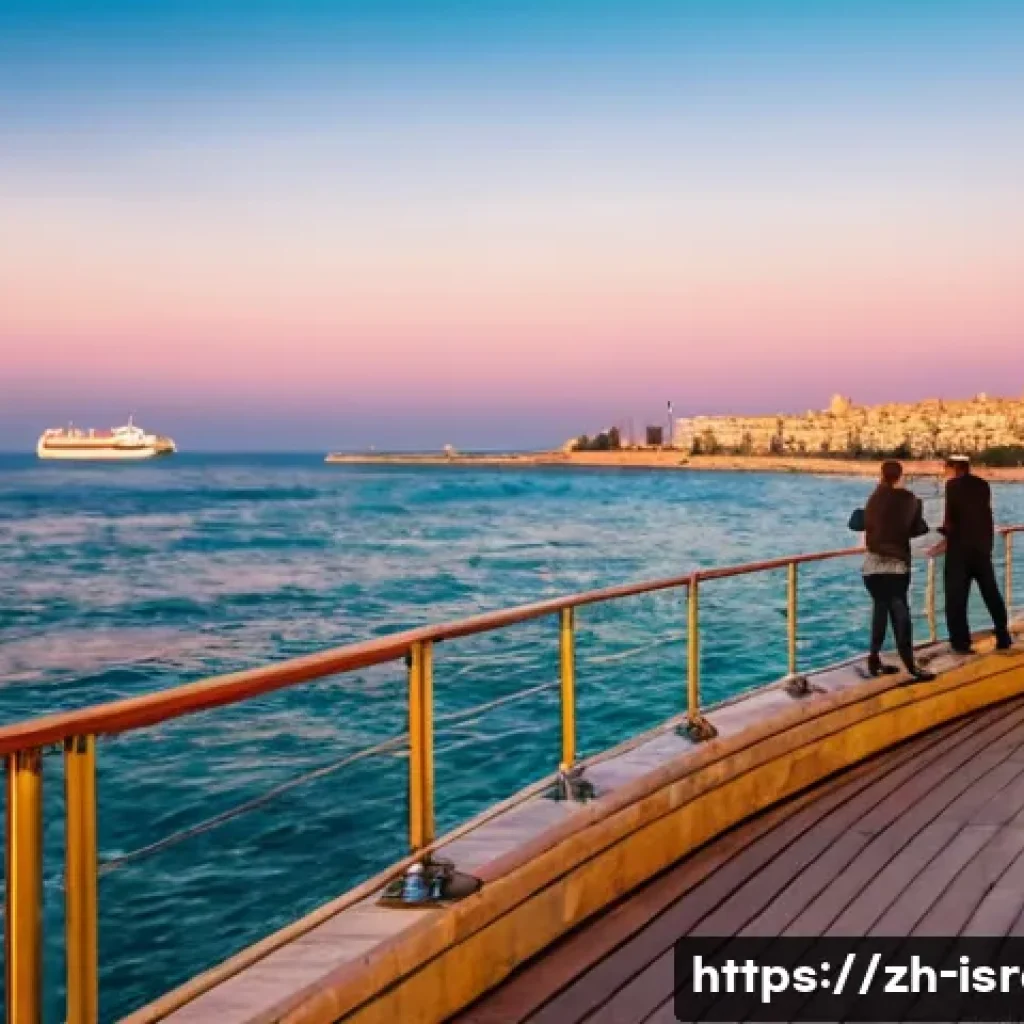 이스라엘에서의 선박 투어 - **Prompt Title: Mediterranean Sunset Serenity in Tel Aviv-Jaffa**
A wide-angle shot of a cruise ...