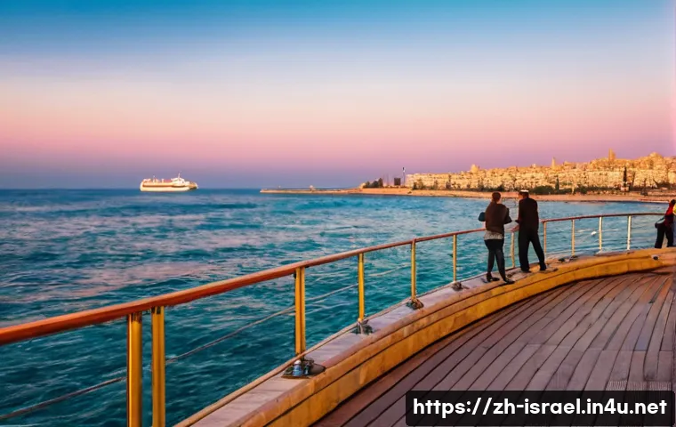 이스라엘에서의 선박 투어 - **Prompt Title: Mediterranean Sunset Serenity in Tel Aviv-Jaffa**
    A wide-angle shot of a cruise ...