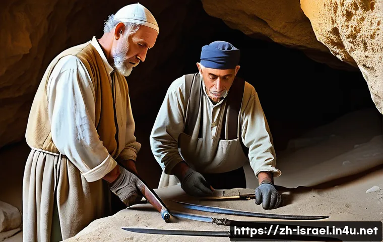 이스라엘의 고고학 발굴지 - **Prompt Title:** Unveiling Ancient Roman Arms in a Desert Cave

    **Image Prompt:** A dramatic ar...