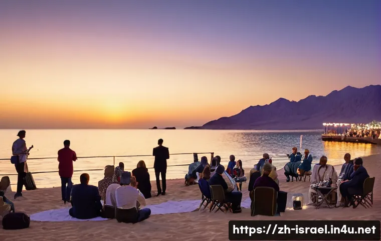 이스라엘의 재즈 페스티벌 - **Prompt:** A vibrant outdoor jazz festival scene at dusk by the Red Sea in Eilat, Israel. The focus...
