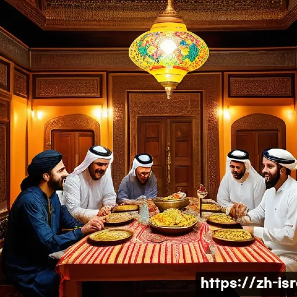 이스라엘과 아랍권 문화의 차이 - A warm and lively Arab family gathering around a large dining table in a traditional living room, sh...