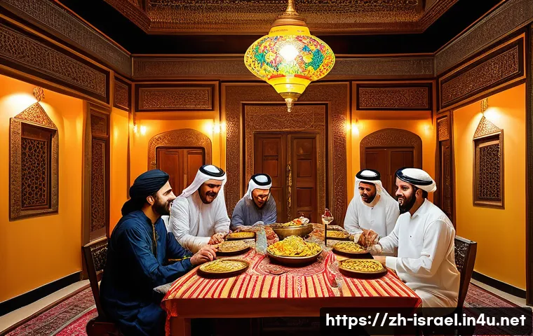 이스라엘과 아랍권 문화의 차이 - A warm and lively Arab family gathering around a large dining table in a traditional living room, sh...