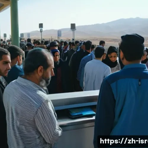 이스라엘 이집트 국경 여행 팁 - A detailed scene at the Israel-Egypt border checkpoint during daytime, showing a diverse group of tr...
