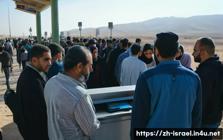 이스라엘 이집트 국경 여행 팁 - A detailed scene at the Israel-Egypt border checkpoint during daytime, showing a diverse group of tr...