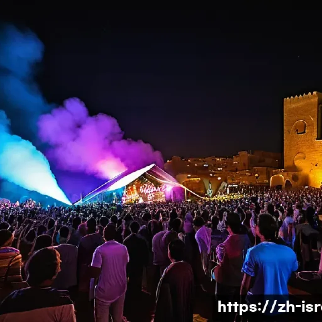 이스라엘의 현대음악과 유명 아티스트 - A vibrant Israeli music festival scene at night featuring a diverse crowd enjoying a live performanc...