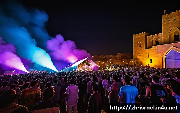 이스라엘의 현대음악과 유명 아티스트 - A vibrant Israeli music festival scene at night featuring a diverse crowd enjoying a live performanc...