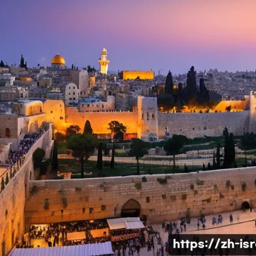 이스라엘의 유네스코 문화유산 탐방 - A panoramic view from atop the ancient Jerusalem city walls at sunset, showcasing the intricate ston...