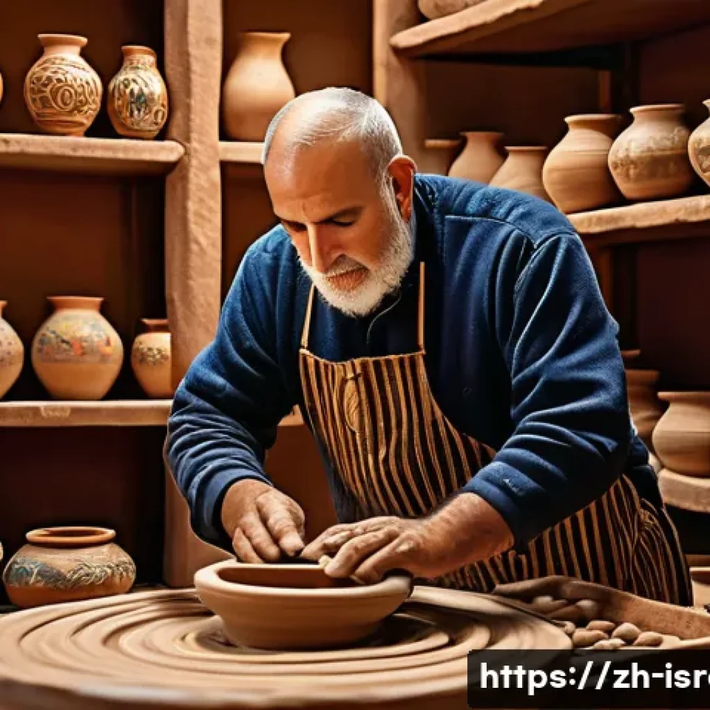 이스라엘에서 할 수 있는 전통 체험 여행 - A skilled artisan in a traditional Jerusalem pottery workshop, carefully shaping clay on a spinning ...
