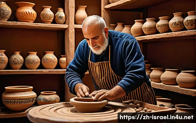이스라엘에서 할 수 있는 전통 체험 여행 - A skilled artisan in a traditional Jerusalem pottery workshop, carefully shaping clay on a spinning ...