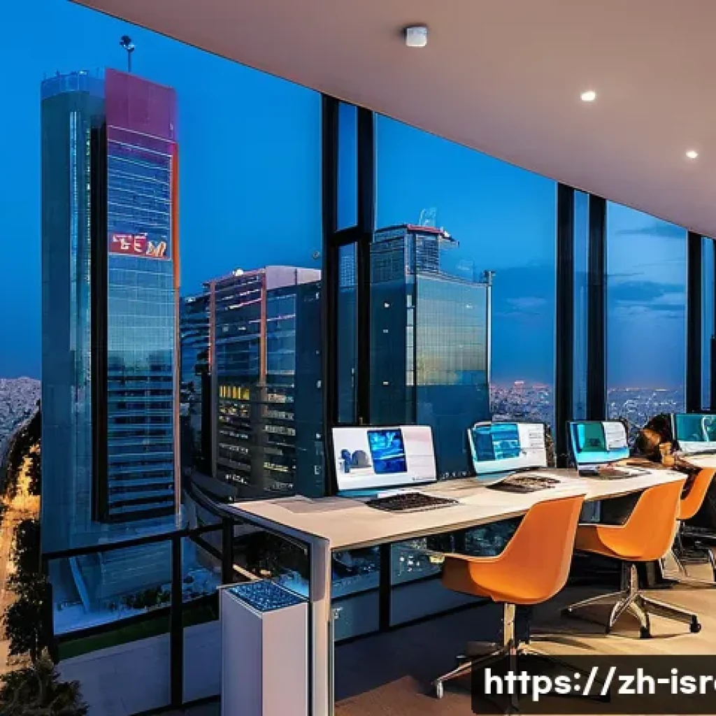 이스라엘의 주요 지역 경제 발전 - A vibrant Tel Aviv high-tech startup scene at dusk, featuring a modern co-working space filled with ...