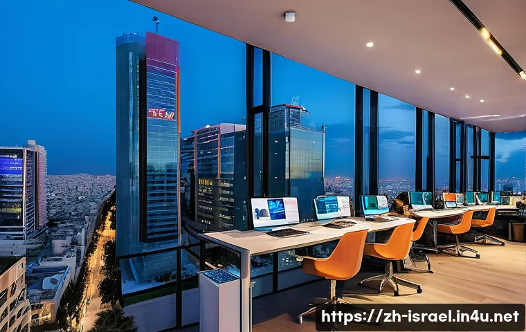 이스라엘의 주요 지역 경제 발전 - A vibrant Tel Aviv high-tech startup scene at dusk, featuring a modern co-working space filled with ...