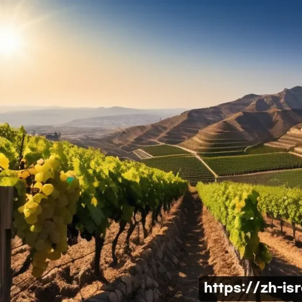 이스라엘의 세계적 와인 브랜드 - A panoramic view of an Israeli high-altitude vineyard under a bright Mediterranean sun, showcasing r...