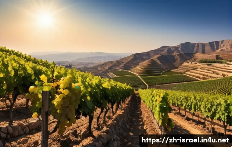 이스라엘의 세계적 와인 브랜드 - A panoramic view of an Israeli high-altitude vineyard under a bright Mediterranean sun, showcasing r...
