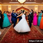 이스라엘의 전통 결혼식 음악 - A vibrant Middle Eastern wedding scene featuring a joyful group of guests and a bride and groom danc...