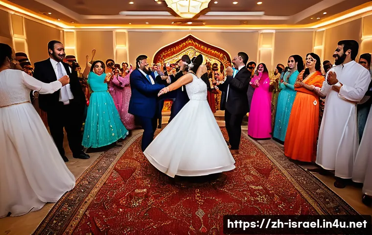 이스라엘의 전통 결혼식 음악 - A vibrant Middle Eastern wedding scene featuring a joyful group of guests and a bride and groom danc...