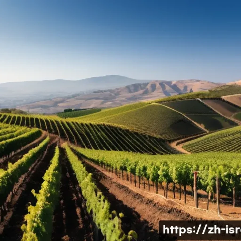 이스라엘의 와이너리 투어 - A panoramic view of a vineyard in the Golan Heights during early autumn, showing rows of Cabernet Sa...