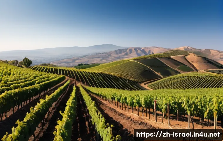 이스라엘의 와이너리 투어 - A panoramic view of a vineyard in the Golan Heights during early autumn, showing rows of Cabernet Sa...