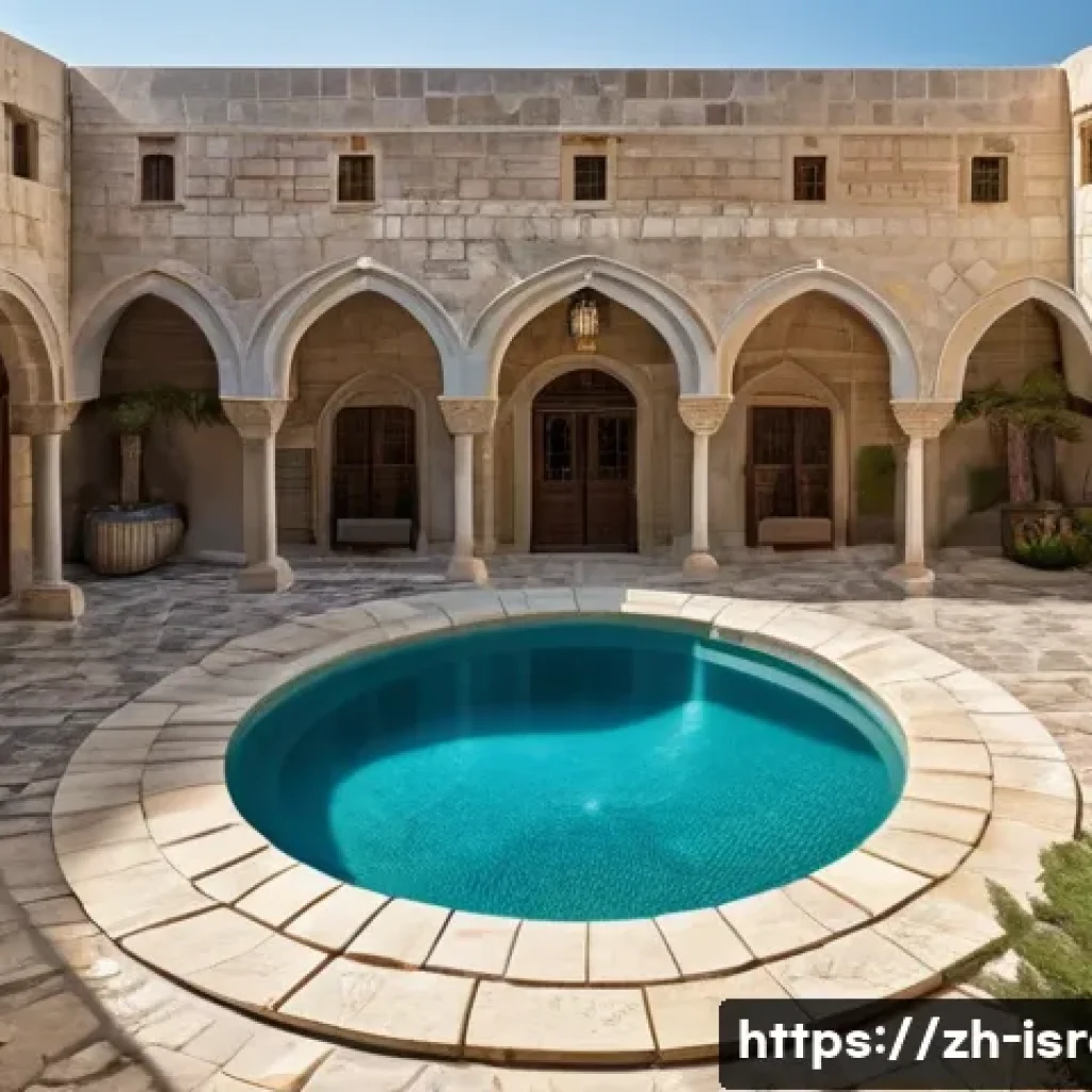 이스라엘의 전통 건축물 - A traditional Israeli stone building showcasing thick limestone walls with detailed hand-carved text...