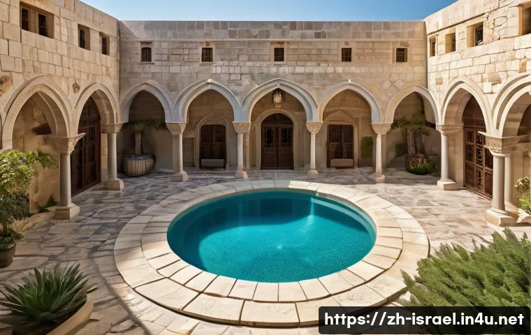 이스라엘의 전통 건축물 - A traditional Israeli stone building showcasing thick limestone walls with detailed hand-carved text...